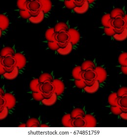 Red roses seamless pattern on black background. Vector illustration.