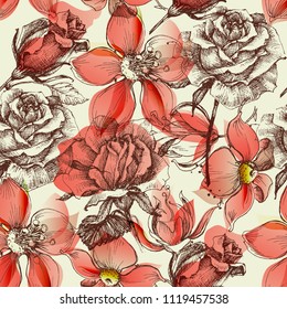 Red roses seamless pattern retro style