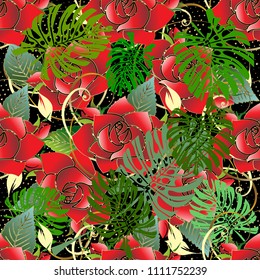 Red roses seamless pattern. Vector floral ornamental bright background. Surface 3d roses flowers, green palm leaves, gold vintage swirls. Abstract exoric tropical ornaments. Beautiful ornate design.