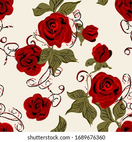 Red Roses Seamless Pattern. Vector Illustration.