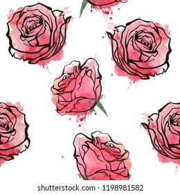 Red roses seamless watercolor pattern