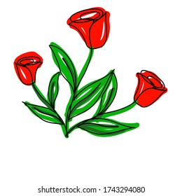 Rosas rojas dibujadas aisladamente en blanco. Ilustración de arte vectorial dibujada a mano sobre la textura del pincel. Boda, belleza, diseño de contorno de tatuajes .