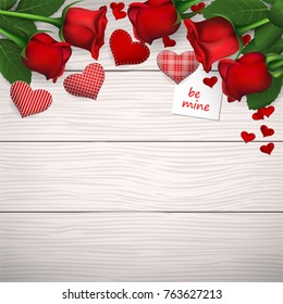 Red roses with red sewed hearts on wooden background. Greeting card for Valentine's day. Top view with space for your text. Vector illustration