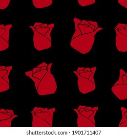 Red roses silhouette seamless pattern with black background