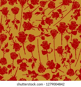 Red roses silhouette vector seamless pattern on golden background for wallpaper, wrapping, packing, and backdrop.
