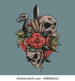 red roses and skulls vintage illustration