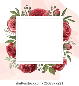 Red roses square frame for wedding invitation with elegant floral design, featuring blooming flowers and green leaves for romantic and festive themes