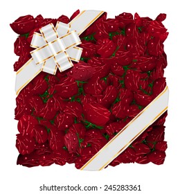 red roses square shape white ribbon background, fresh dew, shiny new