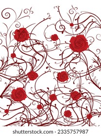 Red roses and thorny branches on the vine on a white background