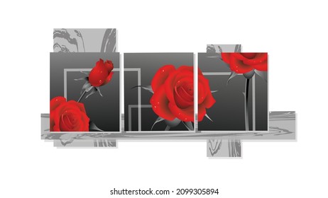 Pinturas modulares trípticas de rosas rojas. Ilustración vectorial para el diseño interior, otros. 