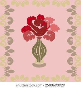 Red roses in a vase, Gemetric Ethnic traditional seamless , Aztec, Tribal, Hmong, Native American Indian, Pattern design for wrap, carpet, decorative illustraion
 