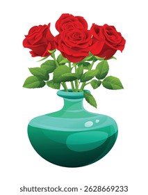 Red roses in a vase with lush green leaves and stems. Vector cartoon illustration