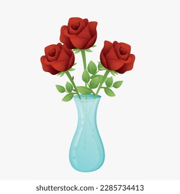 Red roses in a vase on a white background. Cute spring flowers. Simple postcard with bright red roses. Greeting card for florist or shop