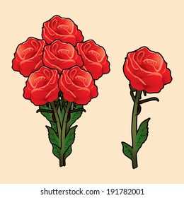 Red roses vector with leaves.symbol, icon, graphic, vector.