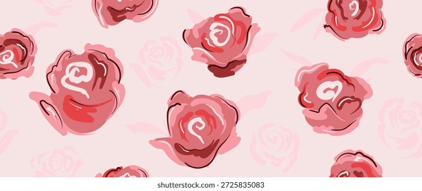 Patrón floral inconsútil del Vector de las rosas rojas con el fondo rosado, tonos del rubor, repetición floral linda. Diseño fresco del fondo del verano de la primavera para el Fondo de pantalla, tela, envoltura, empaquetado, papelería, Web.