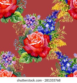 Red Roses watercolor seamless pattern on red background vector illustration