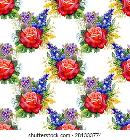 Red Roses watercolor seamless pattern on white background vector illustration