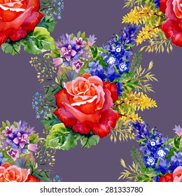 Red Roses watercolor seamless pattern on purple background vector illustration