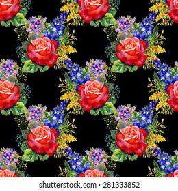 Red Roses watercolor seamless pattern on black background vector illustration
