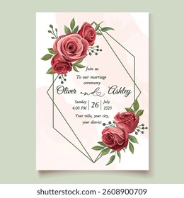Red roses wedding invitation template with elegant floral design, perfect for romantic celebrations, greeting cards, and stylish stationery