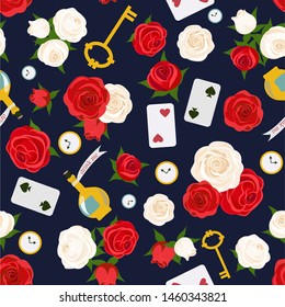 Red roses and white roses, card, key and clock on dark background. Seamless pattern. Alice in Wonderland background for fabric, wrapping, wallpaper. Decorative print. Vector illustration