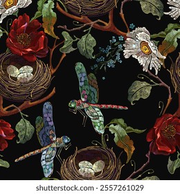 Red roses, white chamomile flowers, bird nest and colorful dragonflies. Embroidery art style. Fashion summer floral template for clothes, t-shirt design. Seamless pattern