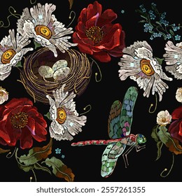 Red roses, white chamomile flowers, bird nest and colorful dragonflies. Fashion summer floral template for clothes, t-shirt design. Seamless pattern. Embroidery art style