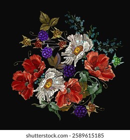 Red roses and white chamomile flowers. Embroidery art style. Fashion summer floral template for clothes, t-shirt design