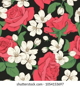 Red roses with white cherry tree flowers. Seamless pattern. Spring floral texture. Hand drawn botanical vector illustration.