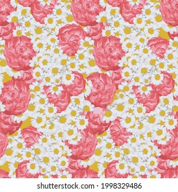 Red roses white daisy seamless pattern art design stock vector illustration for web, for print, for fabric print