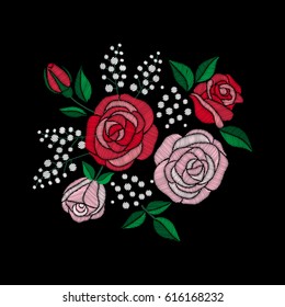 Red roses and white flowers embroidery on black background. Satin stitch imitation, vector.