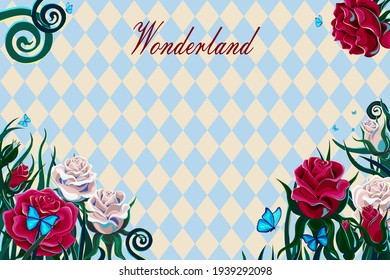 red roses and white roses, green leaves and blue morpho butterflies on chess checkered background