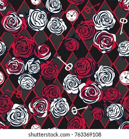 Red roses and white roses, key and clock on chess background. Seamless pattern. Alice in Wonderland background, wallpaper. Vector illustration