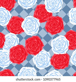 Red roses and white roses on chess background. Seamless pattern.  Vector illustration
