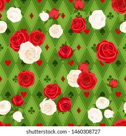 Red roses and white roses on chess background. Seamless pattern. Alice in Wonderland background for fabric, wrapping, wallpaper. Decorative print. Vector illustration