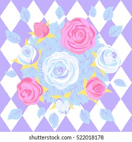 Red  roses and white roses on  chess background. Seamless pattern. Alice in Wonderland background, wallpaper. Vector illustration