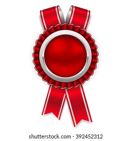 Red rosette, badge with silver border and ribbon on white background