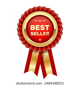 Red rosette Best seller, badge or medal with word bestseller, award pin, vector