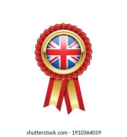 Red rosette with Great Britain flag in gold badge, Britain award or quality symbol