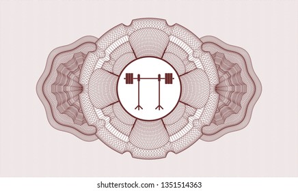 Red rosette. Linear Illustration. with barbell on rack icon inside