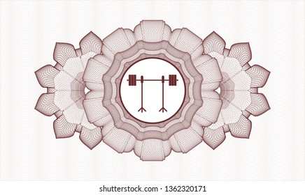 Red rosette. Linear Illustration. with barbell on rack icon inside