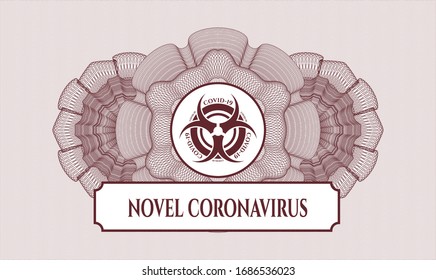 Red rosette. Linear Illustration. with biohazard covid-19 icon and Novel Coronavirus text inside