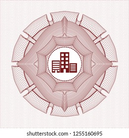 Red rosette. Linear Illustration with buildings icon inside
