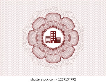 Red rosette. Linear Illustration with buildings icon inside
