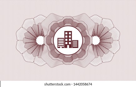 Red rosette. Linear Illustration. with buildings icon inside
