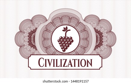 Red rosette. Linear Illustration. with bunch of grapes icon and Civilization text inside