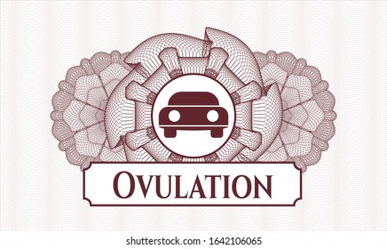 Red rosette. Linear Illustration. with car seen from front icon and Ovulation text inside
