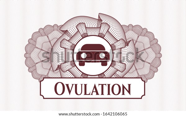 Red rosette. Linear Illustration.\
with car seen from front icon and Ovulation text\
inside
