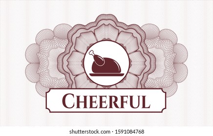 Red rosette. Linear Illustration. with chicken dish icon and Cheerful text inside