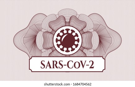Rosette rojo. Ilustración lineal. con icono de coronavirus y texto SARS-CoV-2 dentro